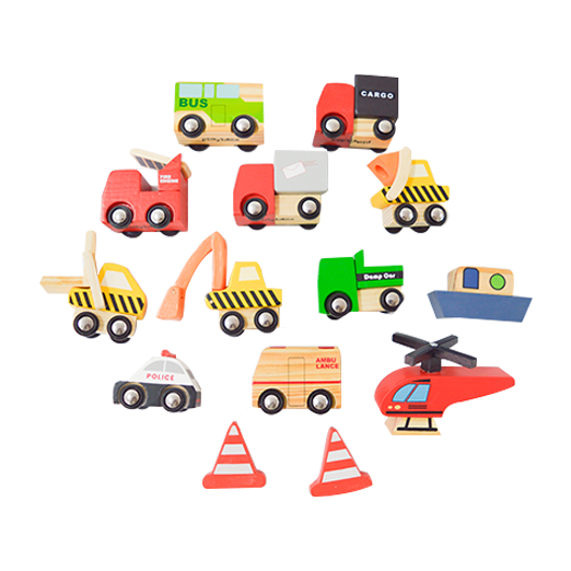 Playbox Little Wagon Toy Cars Playset Wooden Toy Cars,12 Colorful Mini Construction Vehicles Set