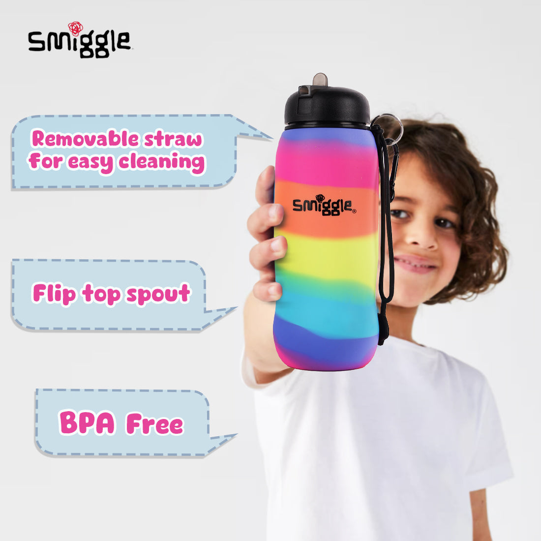 Smiggle Vivid Silicone Roll Up Drink Bottle 630ml Black, 3Y+