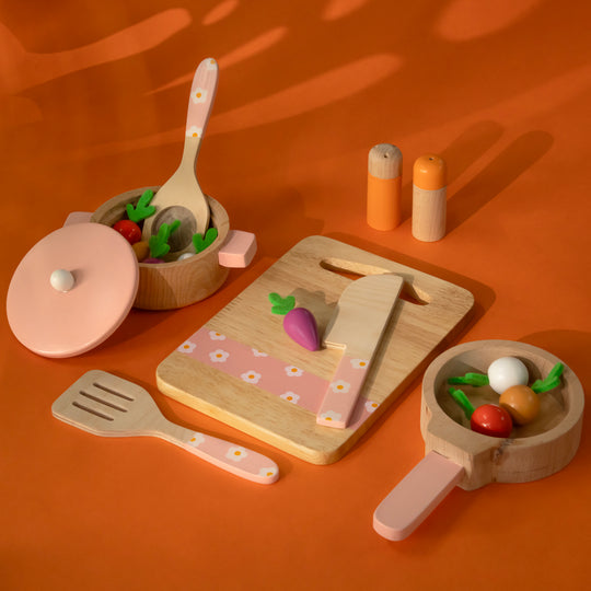 Playbox Grill & Chill Wooden Cooking Set | Wooden Kitchen Set Toy Natural Cooking Sets Pretend Play Toys for Kids