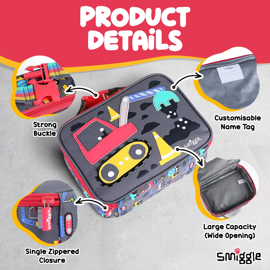 Smiggle Glide Teeny Tiny Square Lunchbox Grey, 3Y+