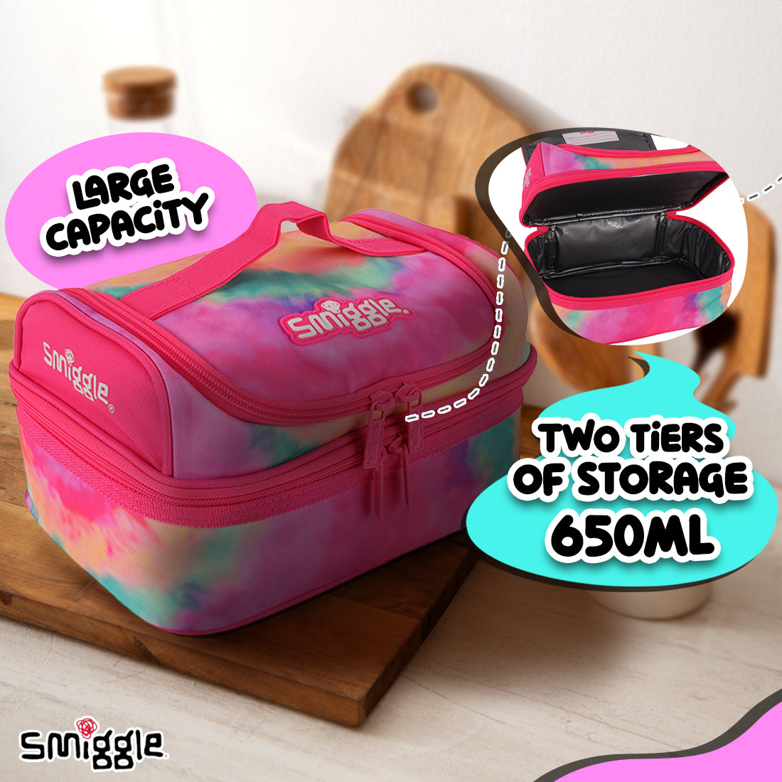 Smiggle Vivid Double Decker Lunchbox Pink, 3Y+