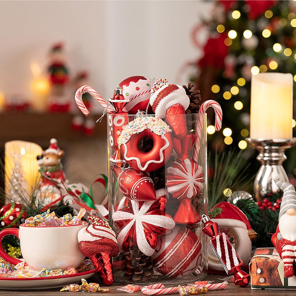 60 pcs Red & White Candy Donuts theme, Christmas Ball Tree ornaments XMAS Decoration Set - Little Surprise Box60 pcs Red & White Candy Donuts theme, Christmas Ball Tree ornaments XMAS Decoration Set