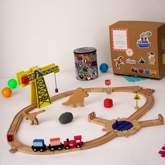 Playbox The Dino Land - Starter pack Wooden Playset Include 20 Wooden Track/3 Trains/3 signals/1 Crane/2 stones/2 Dinosaurs/Wooden Animal Toy Dinosaur for Toddlers for +1 Years