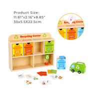 Playbox Tiny Trash Hub | Reduce & Reuse Recycling Center Playset | Wooden Green Garbage Truck Toy and Sorting Bins | Safe, Natural Materials for Environmental Learning, Fine Motor Skills, and Play