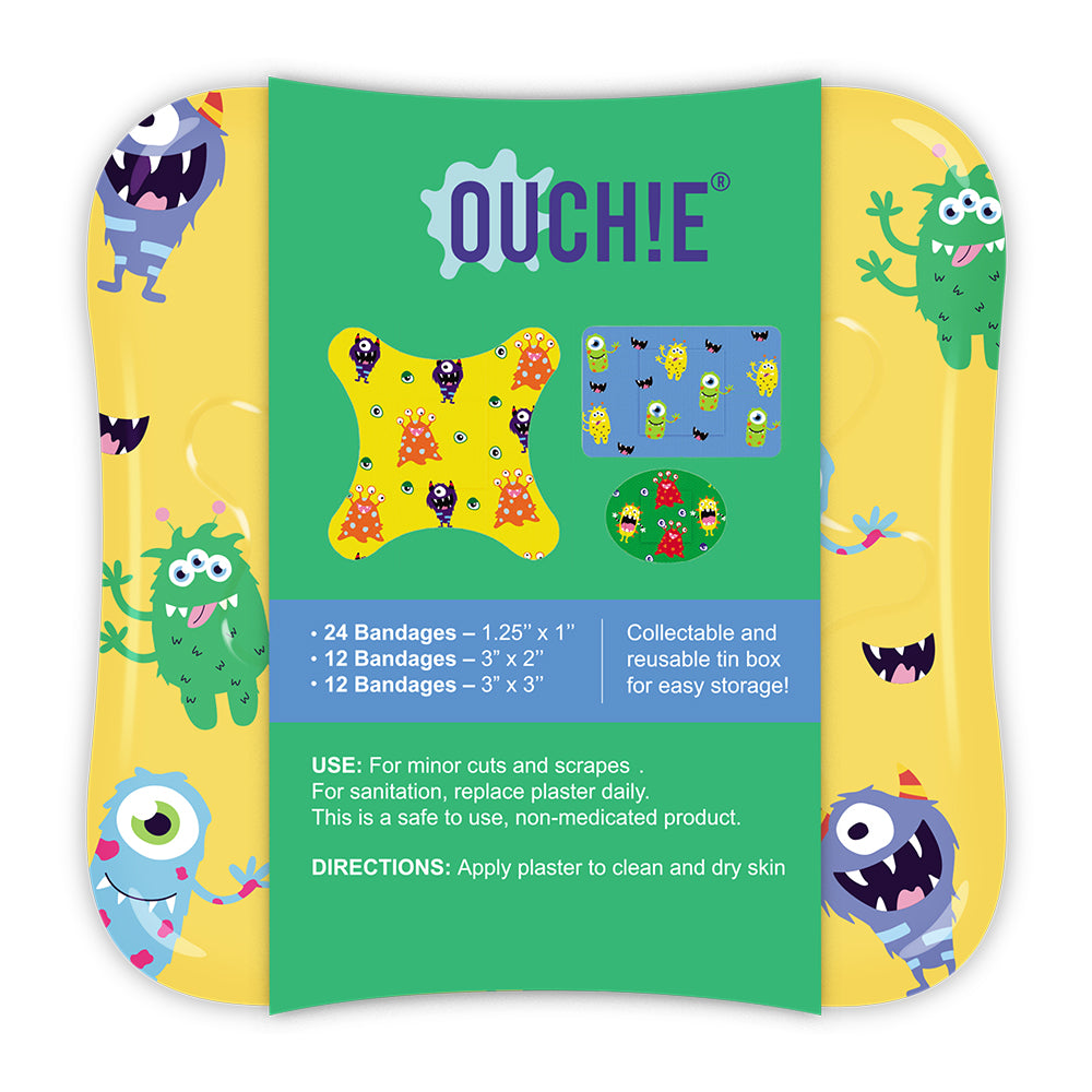 OUCHIE Adhesive Flex-Fabric Bandages | Assorted Shapes with Monster Party Prints | Colorful Resuable & Fun Tin Box | 48 Pack