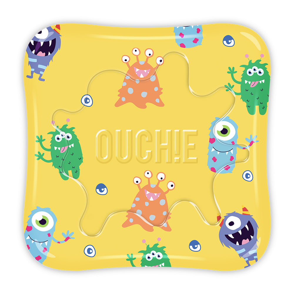 OUCHIE Adhesive Flex-Fabric Bandages | Assorted Shapes with Monster Party Prints | Colorful Resuable & Fun Tin Box | 48 Pack