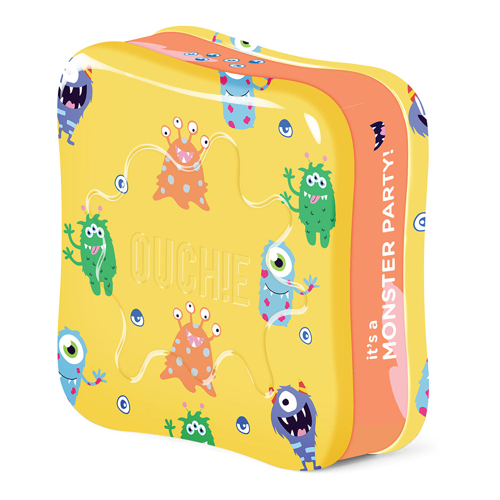 OUCHIE Adhesive Flex-Fabric Bandages | Assorted Shapes with Monster Party Prints | Colorful Resuable & Fun Tin Box | 48 Pack