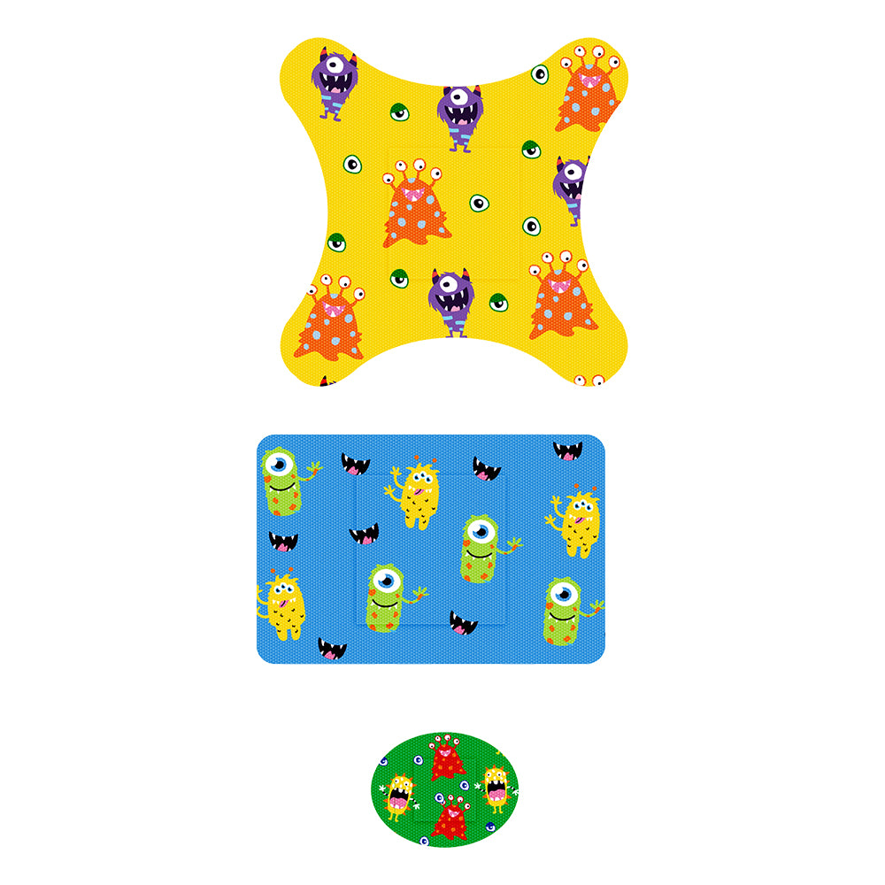 OUCHIE Adhesive Flex-Fabric Bandages | Assorted Shapes with Monster Party Prints | Colorful Resuable & Fun Tin Box | 48 Pack