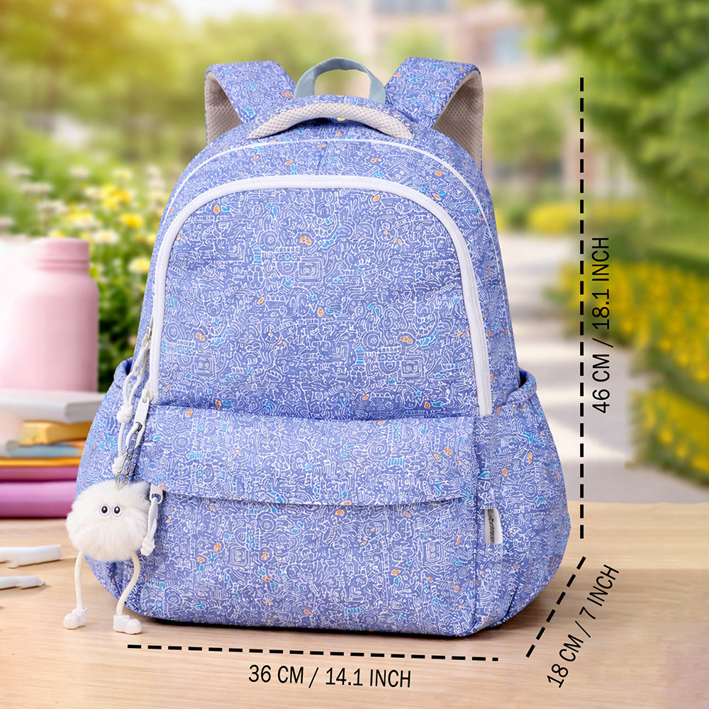 Blue Doodle Print School Backpack with Plush Pom-Pom Keychain for Kids & Teens
