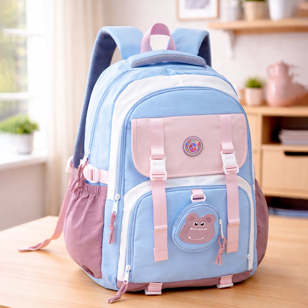 Blue, Pink & Purple Color-Block with Character Pouch School Backpack for Kids