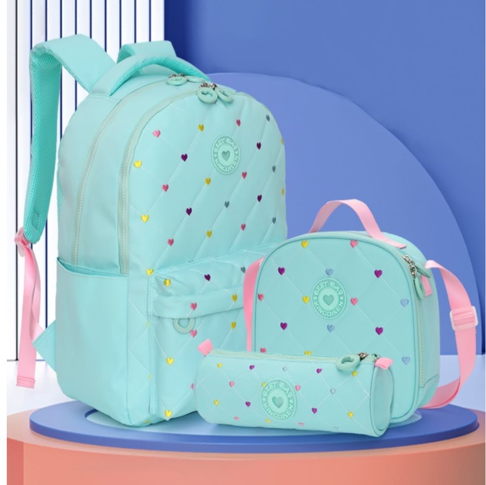Little Surprise Box, 3pcs Mint Mini Heart Matching Backpack, Lunch Bag and Stationery Pouch