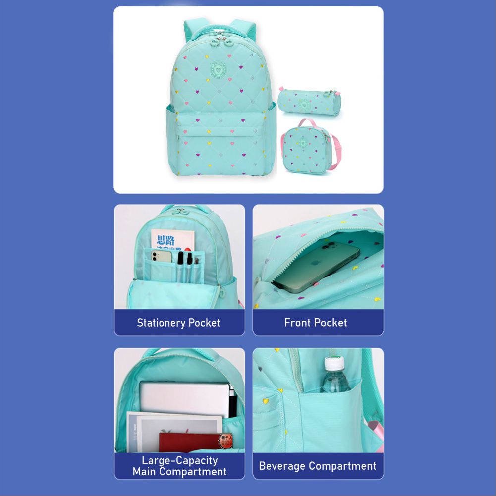 Little Surprise Box, 3pcs Mint Mini Heart Matching Backpack, Lunch Bag and Stationery Pouch