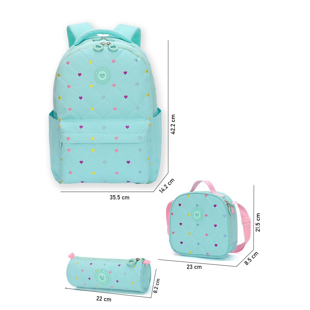 Little Surprise Box, 3pcs Mint Mini Heart Matching Backpack, Lunch Bag and Stationery Pouch