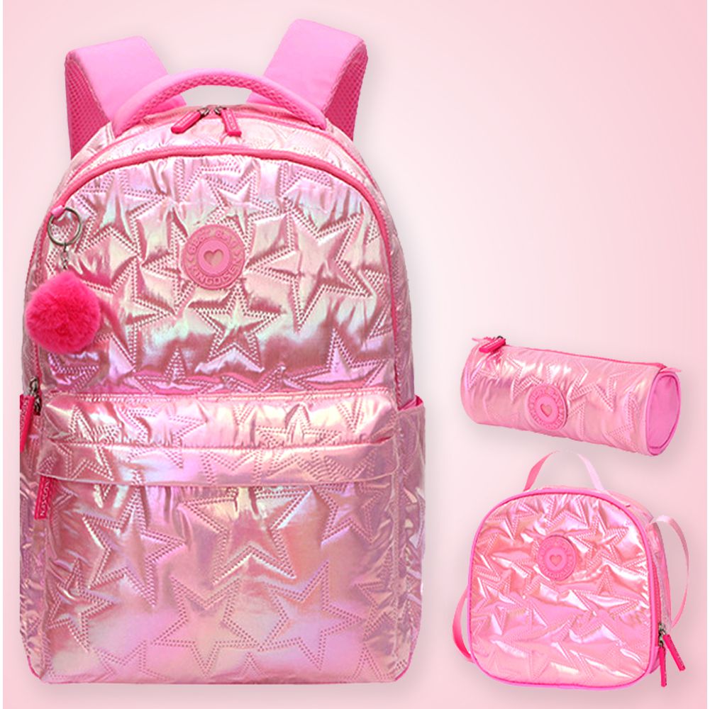 Little Surprise Box, 3pcs Shiny Pink Star Matching Backpack, Lunch Bag and Stationery Pouch, 8years to Adults