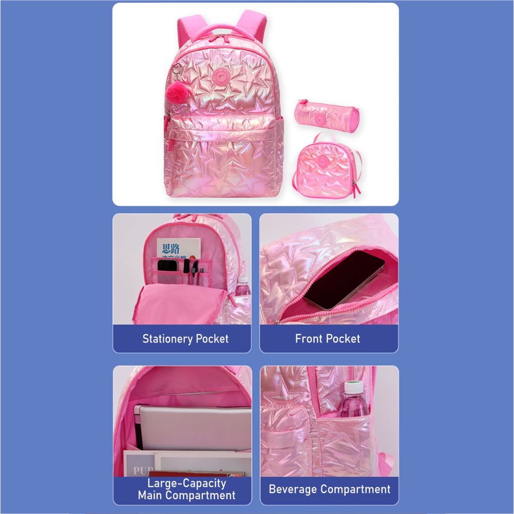 Little Surprise Box, 3pcs Shiny Pink Star Matching Backpack, Lunch Bag and Stationery Pouch, 8years to Adults