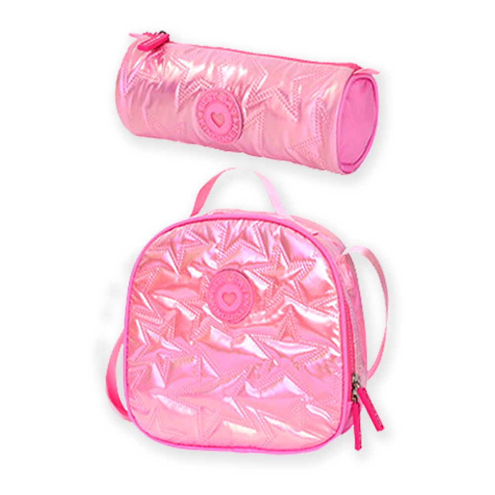 Little Surprise Box, 3pcs Shiny Pink Star Matching Backpack, Lunch Bag and Stationery Pouch, 8years to Adults