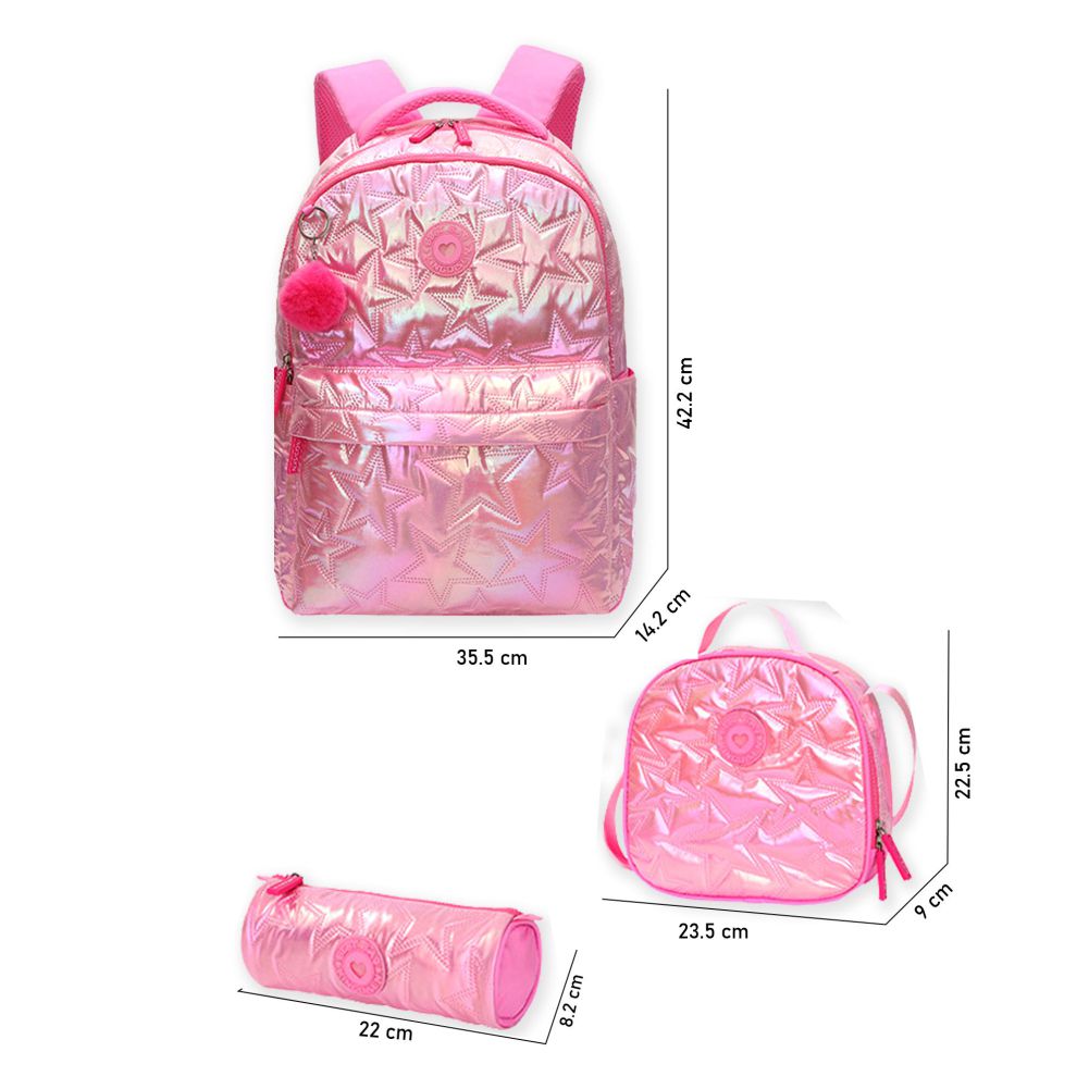 Little Surprise Box, 3pcs Shiny Pink Star Matching Backpack, Lunch Bag and Stationery Pouch, 8years to Adults
