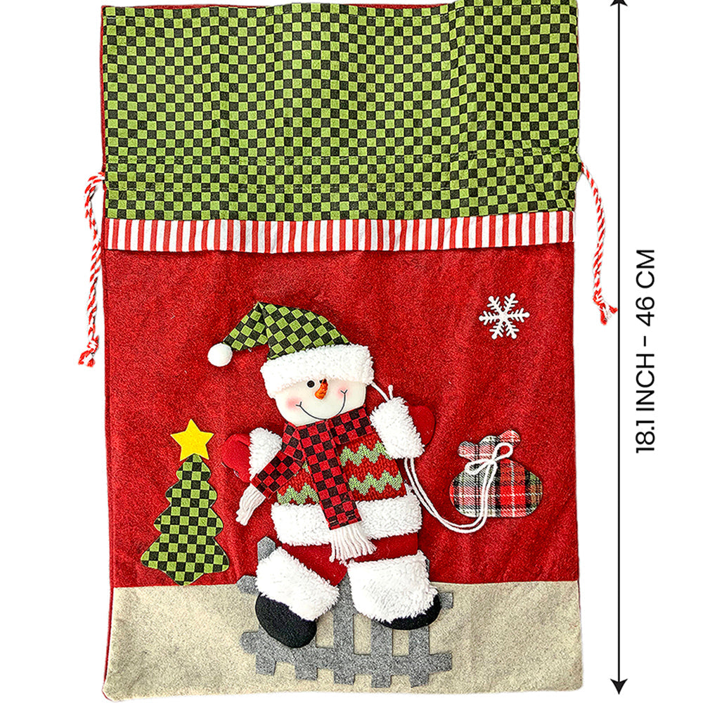 Snowman Green & Red Checks Christmas Sack for Christmas Gifts and Home Décor