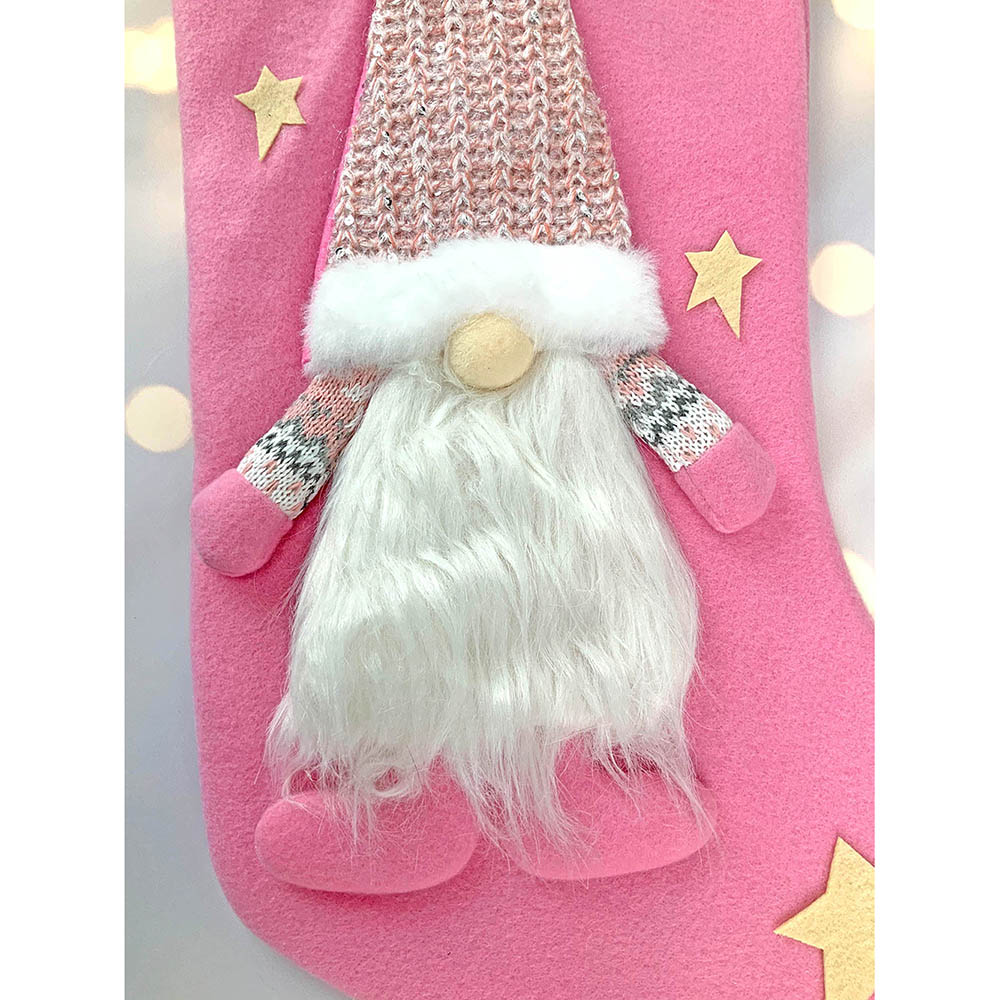 White Beard Pink Gnome Christmas Stocking, 16 inches