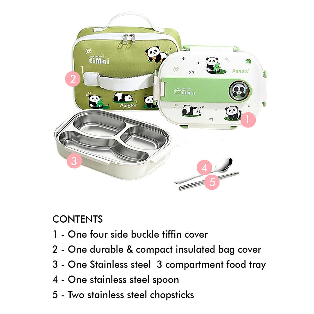 Little Surprise Box 2D Panda Medium Size Size Stainless Steel Lunch Box/Tiffin with Insulated Matching Lunch Bag, stainless steel spoon and chopsticks for Kids & Adults, 1000 ml