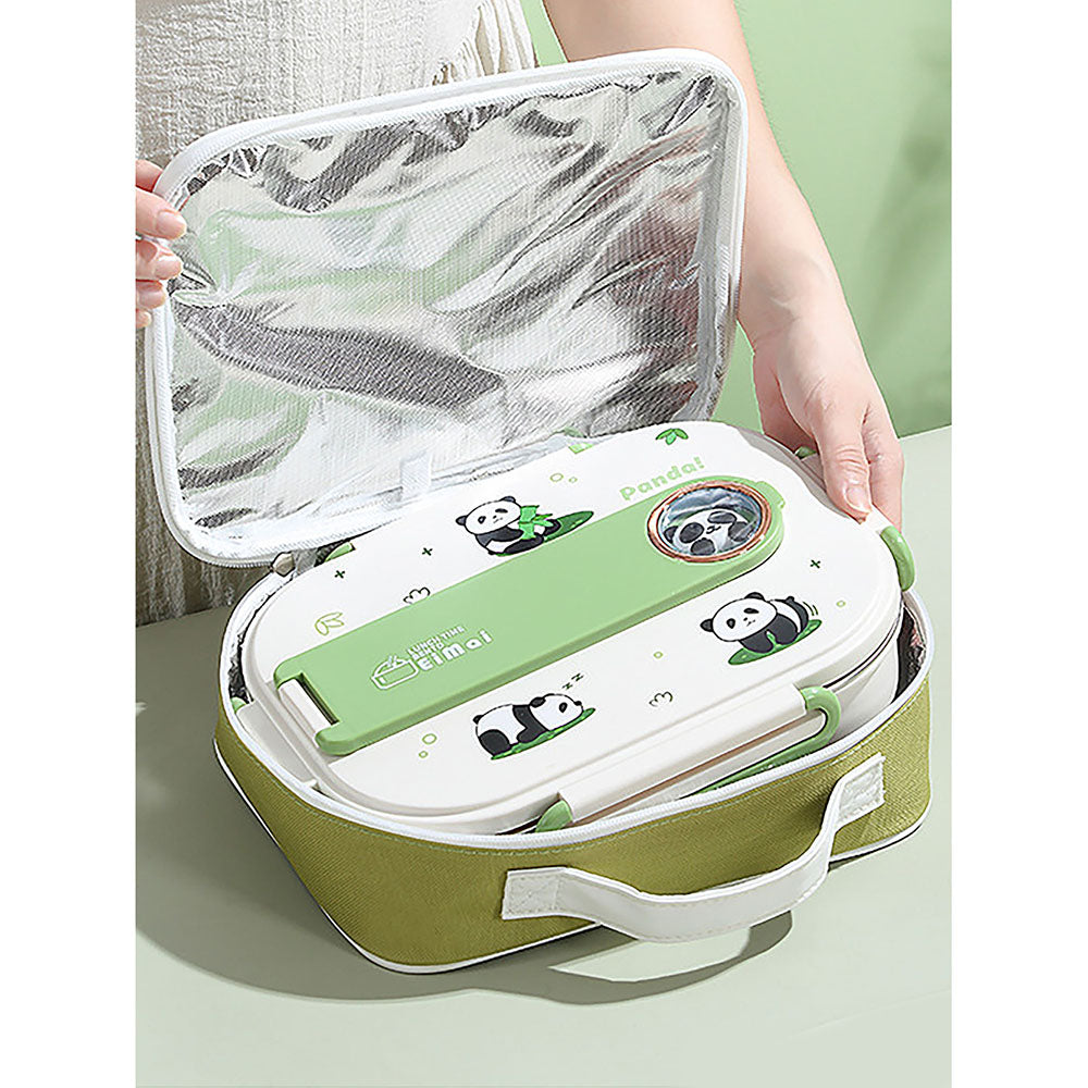 Little Surprise Box 2D Panda Medium Size Size Stainless Steel Lunch Box/Tiffin with Insulated Matching Lunch Bag, stainless steel spoon and chopsticks for Kids & Adults, 1000 ml