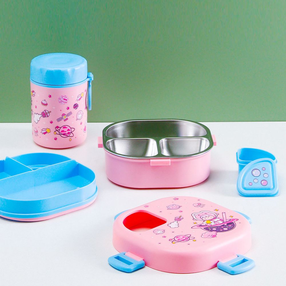 Little Surprise Box, Pink Space Slice 2pcs, Stainless Steel Soup Box and Lunch Box with Bag for Kids