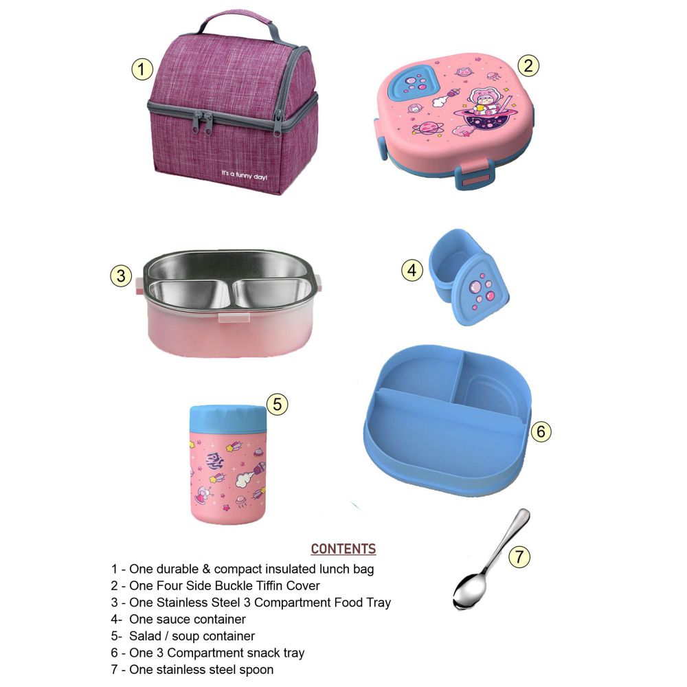 Little Surprise Box, Pink Space Slice 2pcs, Stainless Steel Soup Box and Lunch Box with Bag for Kids