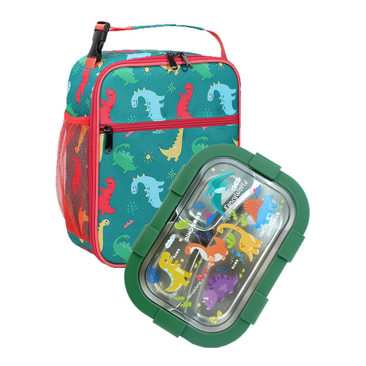 Little Surprise Box, 2 pcs Dino LunchBag & Stainless Steel 3 section Lunch box for Kids