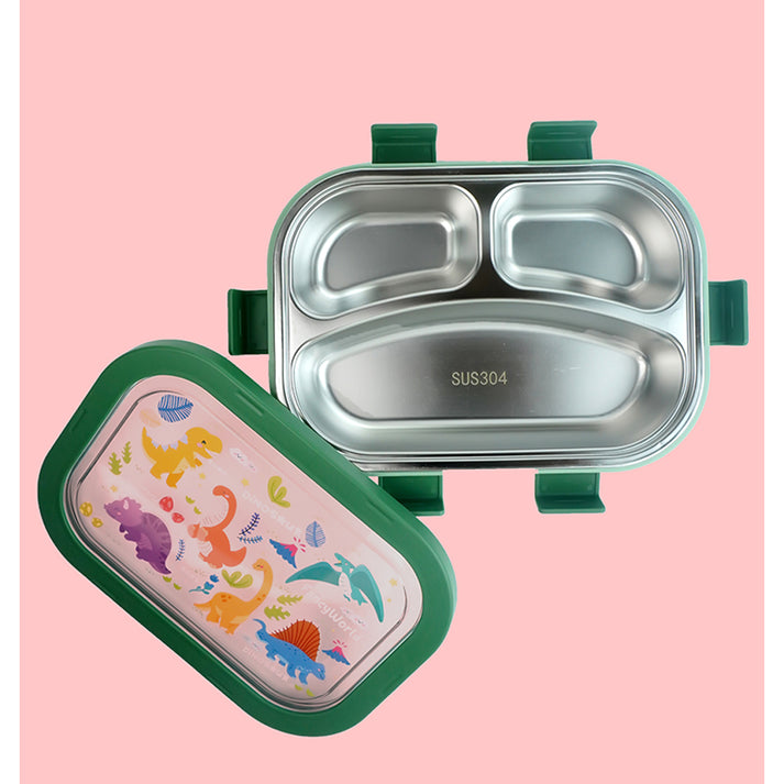 Little Surprise Box, 2 pcs Dino LunchBag & Stainless Steel 3 section Lunch box for Kids