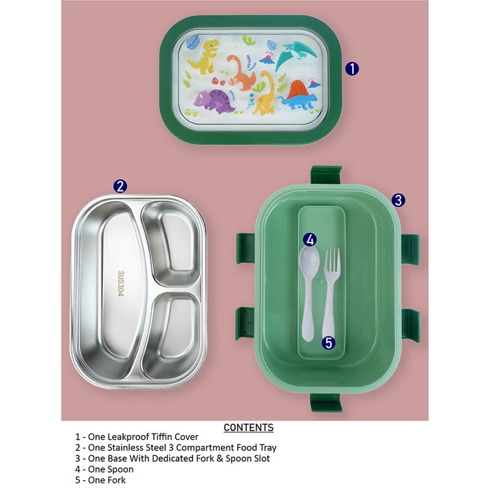 Little Surprise Box, 2 pcs Dino LunchBag & Stainless Steel 3 section Lunch box for Kids