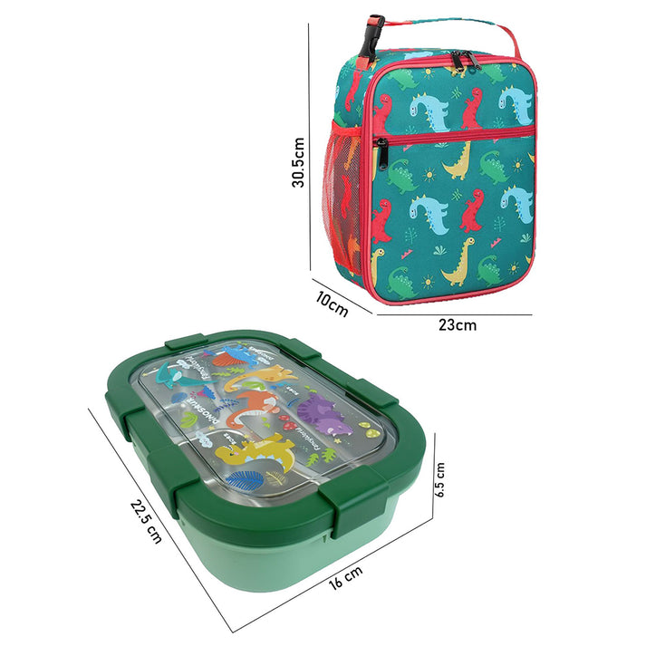 Little Surprise Box, 2 pcs Dino LunchBag & Stainless Steel 3 section Lunch box for Kids
