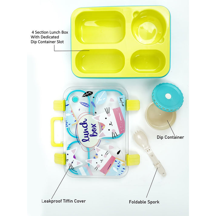 Little Surprise Box, Mint & Fluro Meow Compact Tiffin Lunch Box for Kids