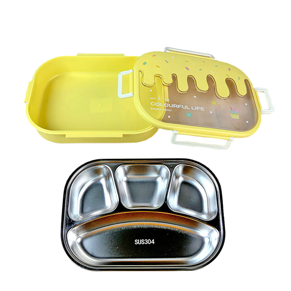 Little Surprise Box Yellow Icecream Drip Big Size Stainless Steel Lunch Box with for Kids & Adults, 1300 ml