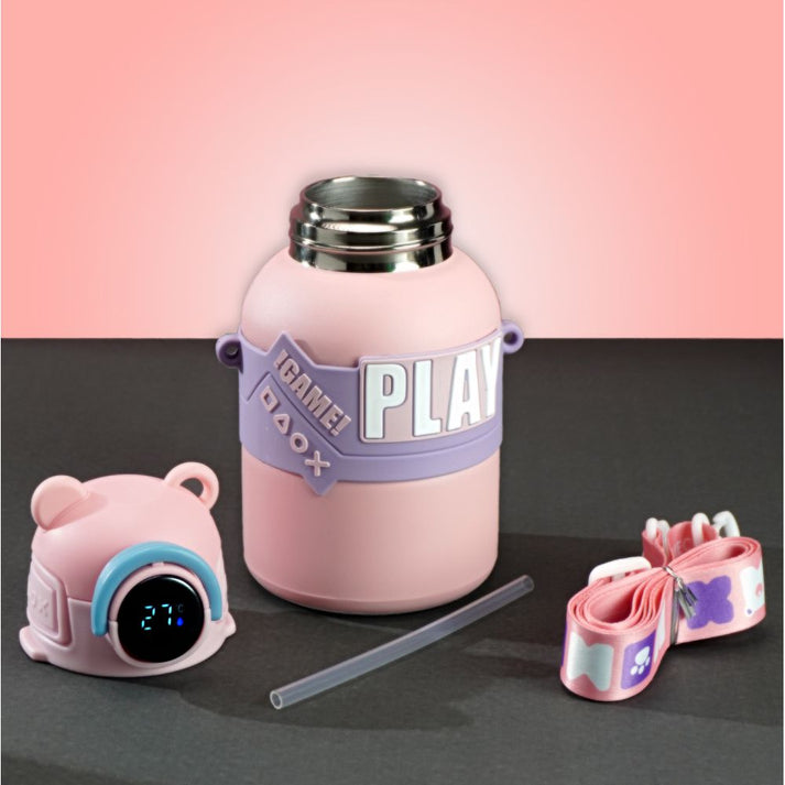 Little Surprise Box, Pink Game Theme tempertaure Controlled Stainless Steel Kids Water Bottle, 550 Ml