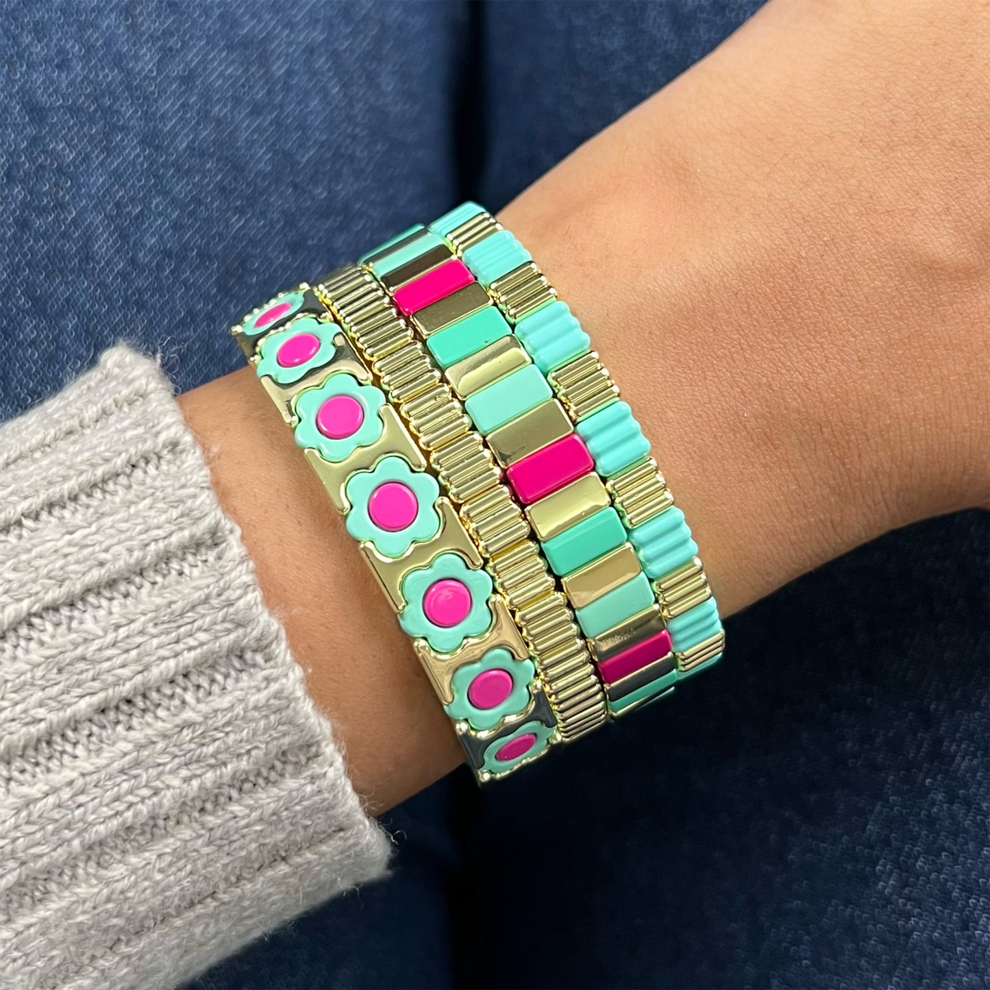 Flower Enamel Bracelet | Mint & Magenta