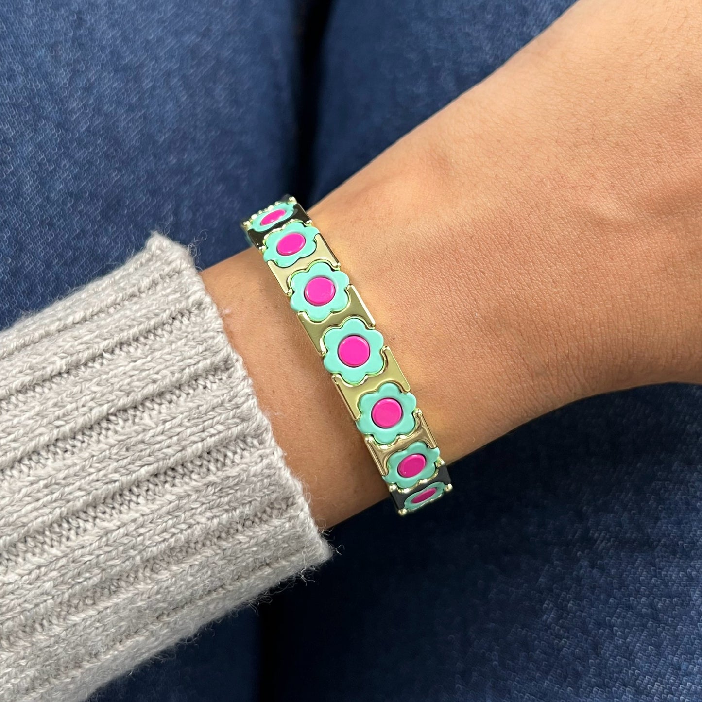 Flower Enamel Bracelet | Mint & Magenta