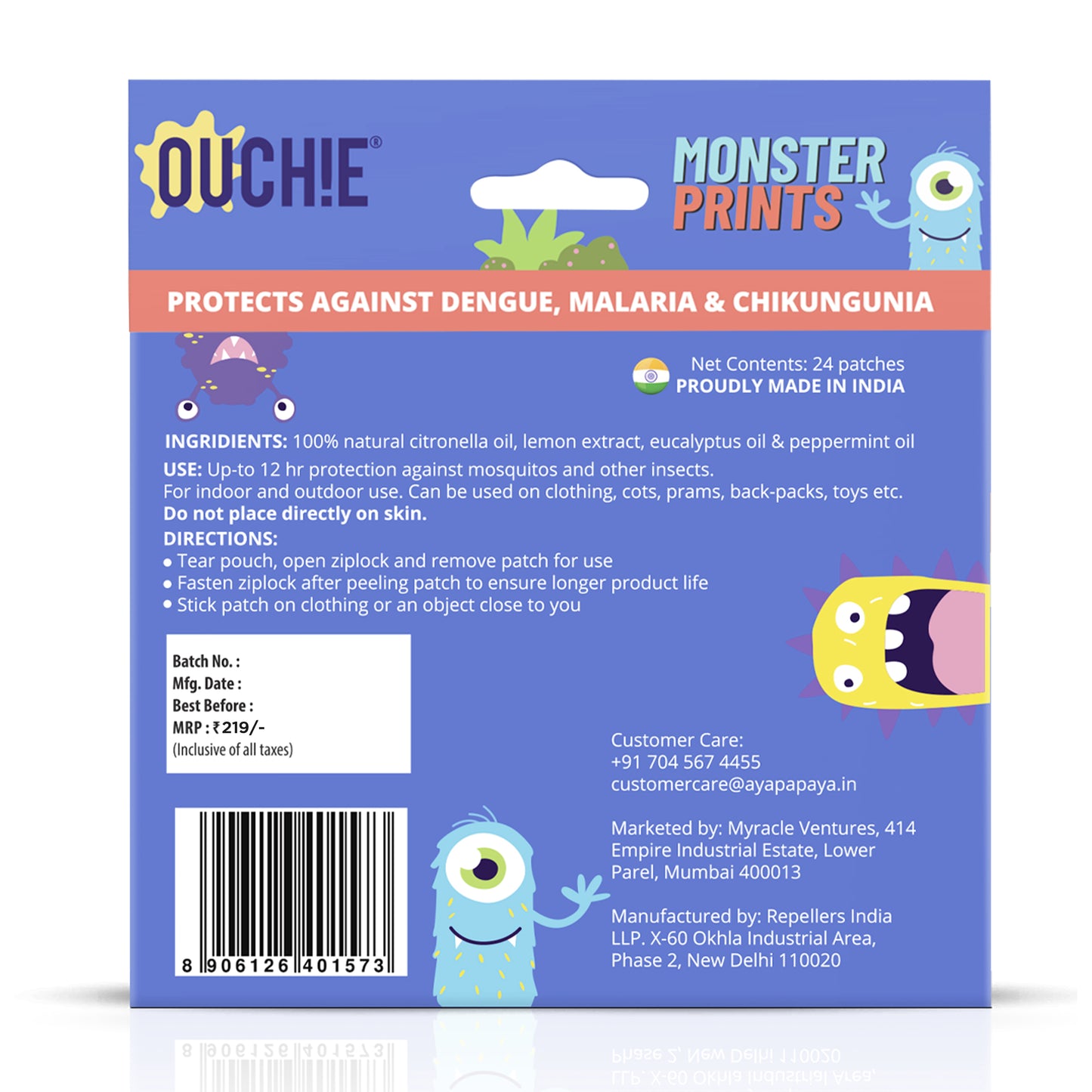 Ouchie Monster Print Mosquito Repellent Patches 100% Natural (24 Patches)