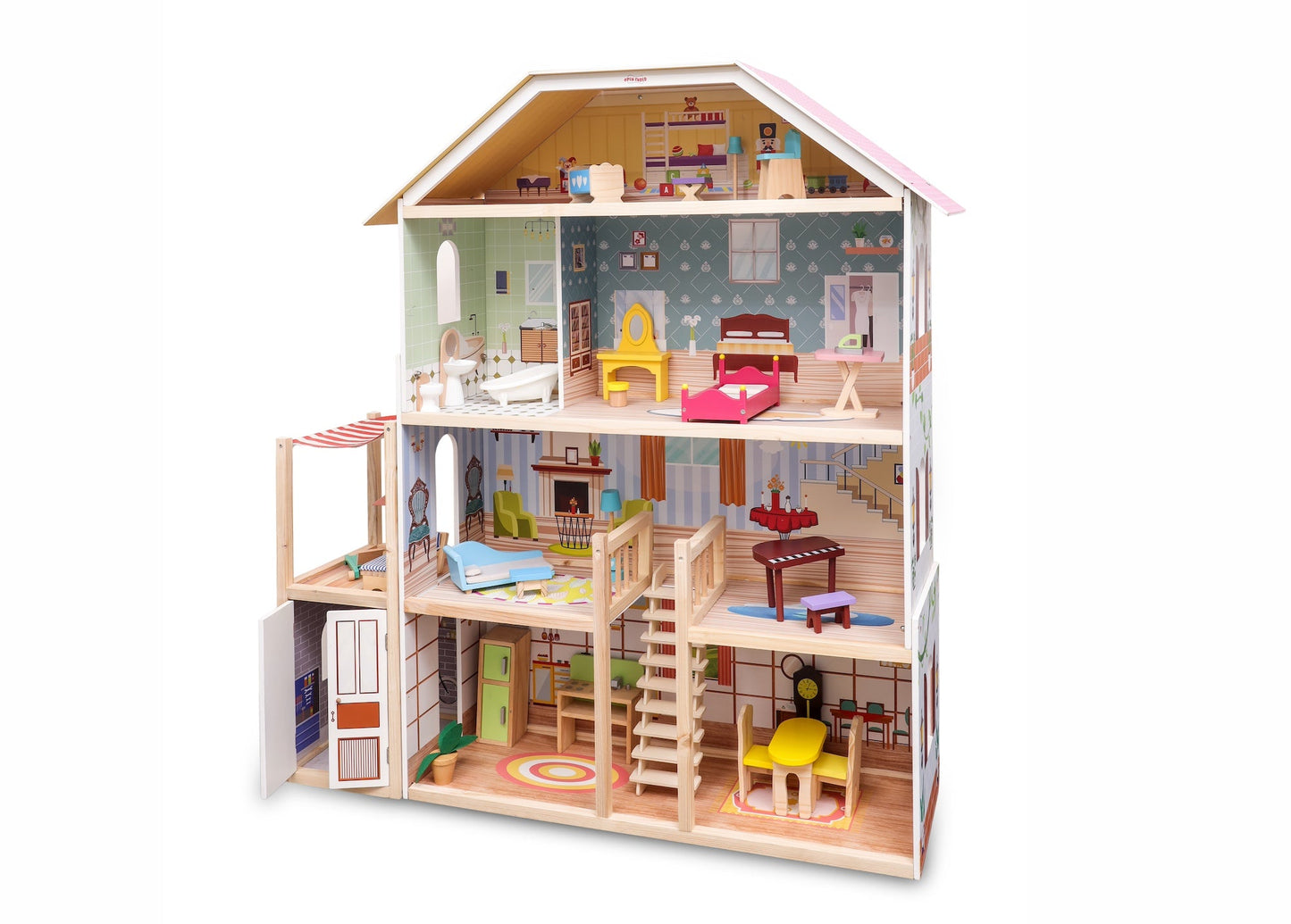 Open Ended Wooden Doll House - Grand Mansion (28 pcs furniture included)-Pretend Play-Open Ended-Toycra