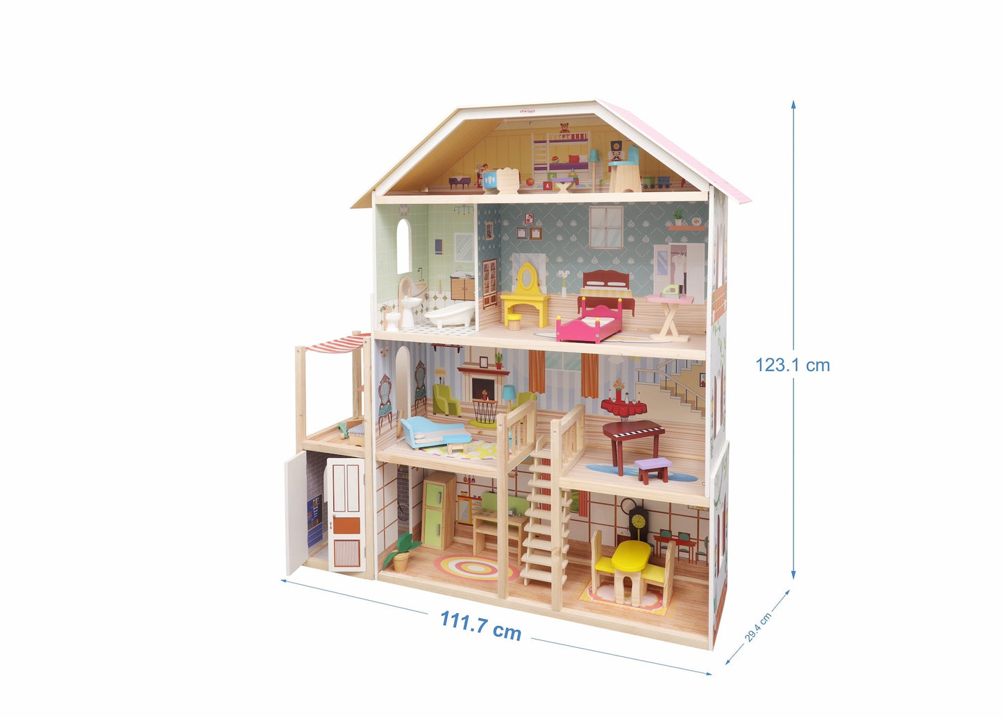 Open Ended Wooden Doll House - Grand Mansion (28 pcs furniture included)-Pretend Play-Open Ended-Toycra