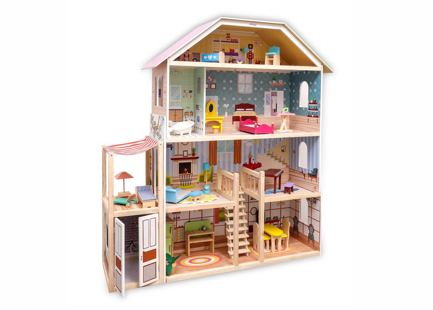 Open Ended Wooden Doll House - Grand Mansion (28 pcs furniture included)-Pretend Play-Open Ended-Toycra