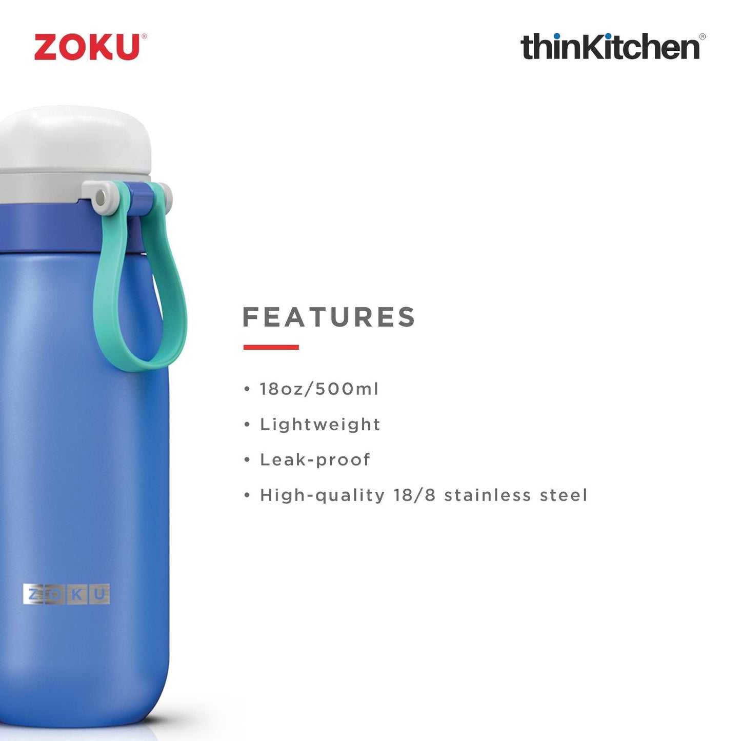 thinKitchen™ Zoku Ultralight Stainless Steel Bottle, Blue, 500ml