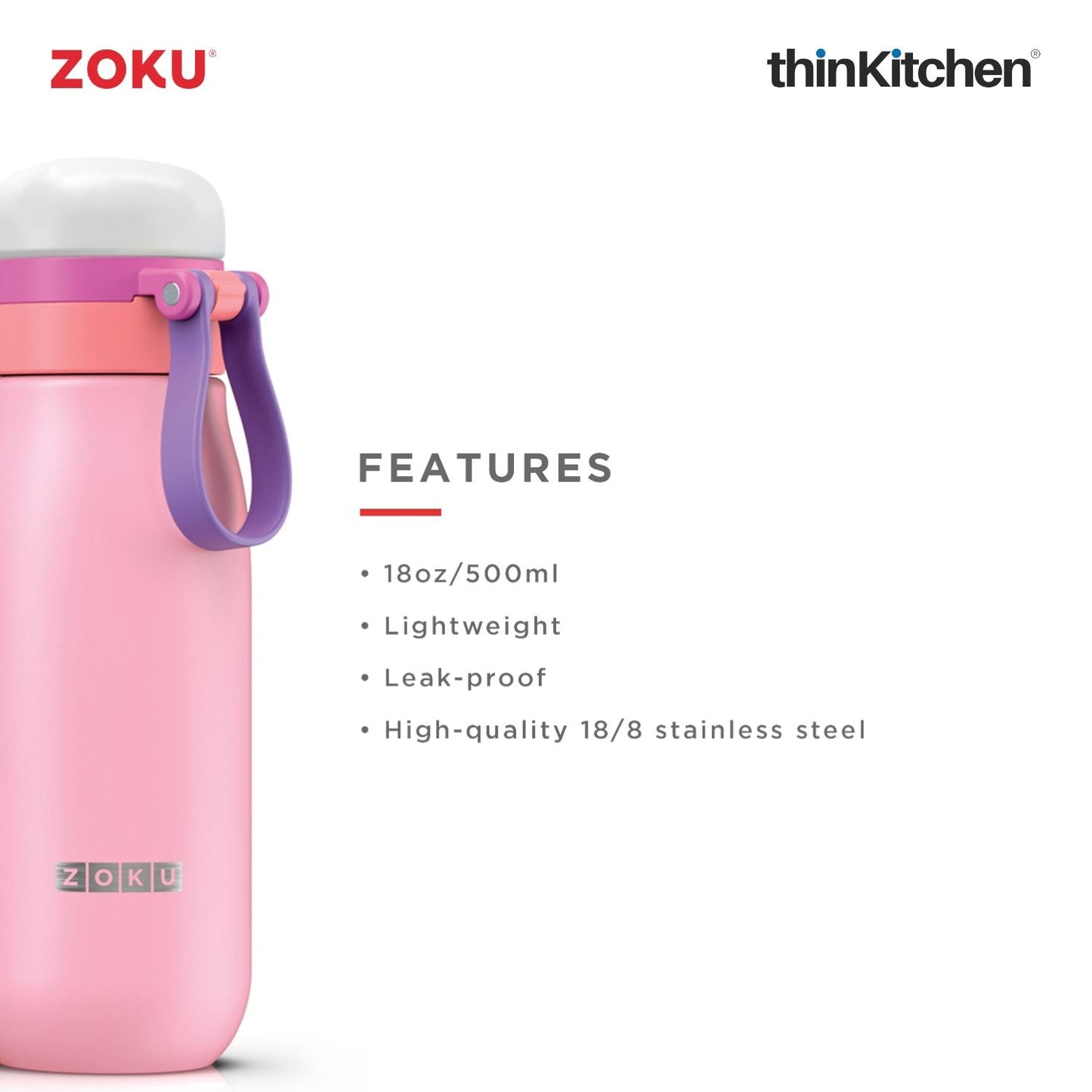 thinKitchen™ Zoku Ultralight Stainless Steel Bottle, Pink, 500ml