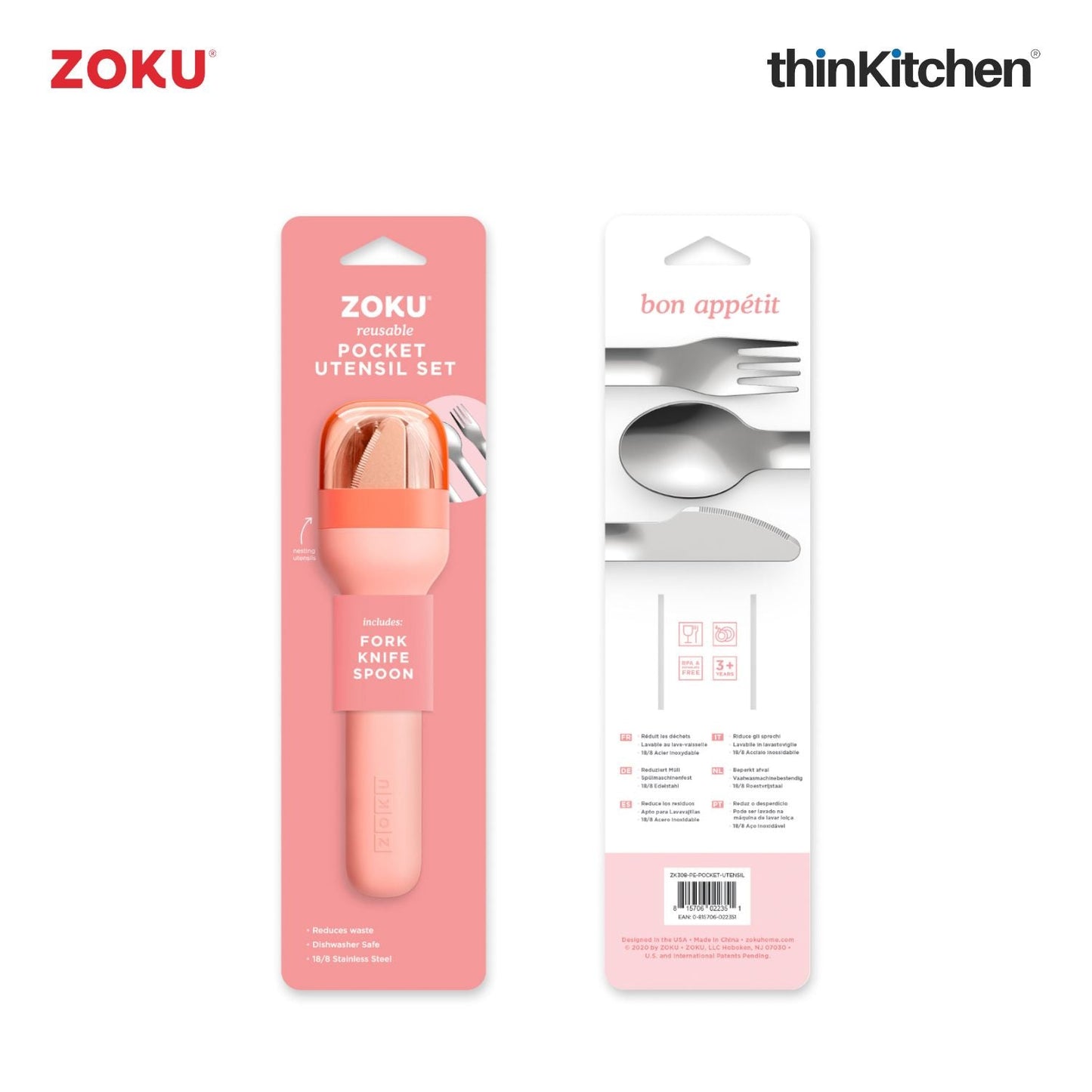 thinKitchen™ Zoku Stainless Steel Kids Pocket Utensil Set, Peach