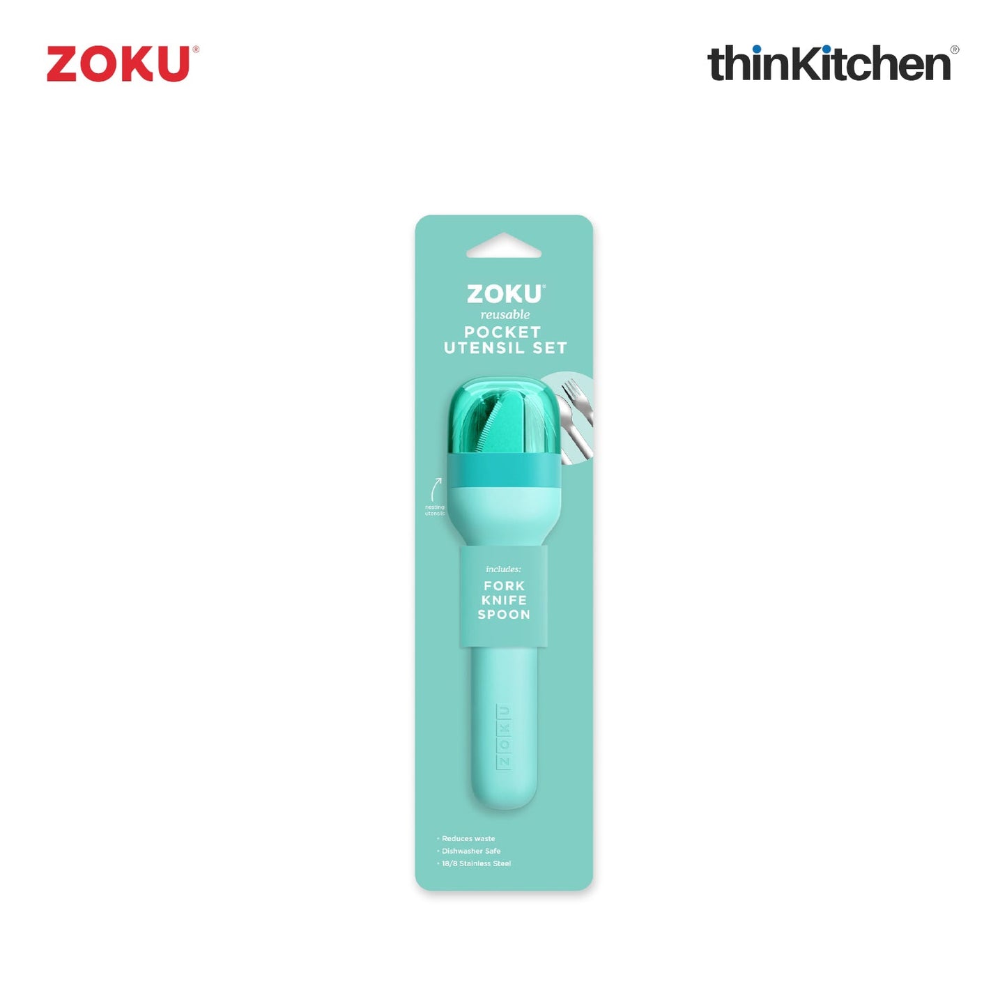 thinKitchen™ Zoku Stainless Steel Kids Pocket Utensil Set, Teal