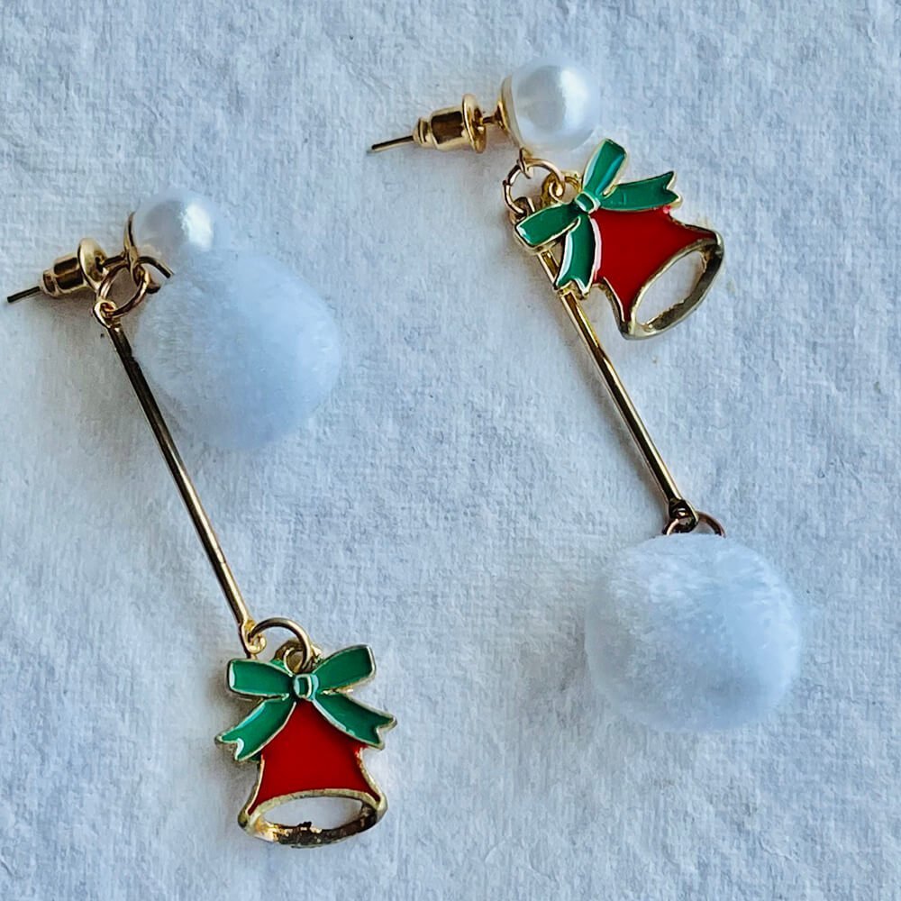 Christmas earrings accessories party wear, White Pompom hanging with Bells