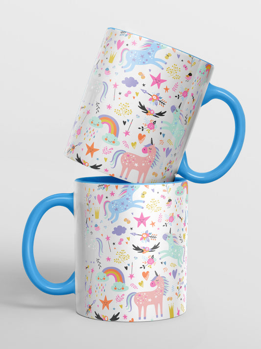 Happy Unicorns Pattern - Coffee Mug Ceramic 325 ml Handle & Inside Blue