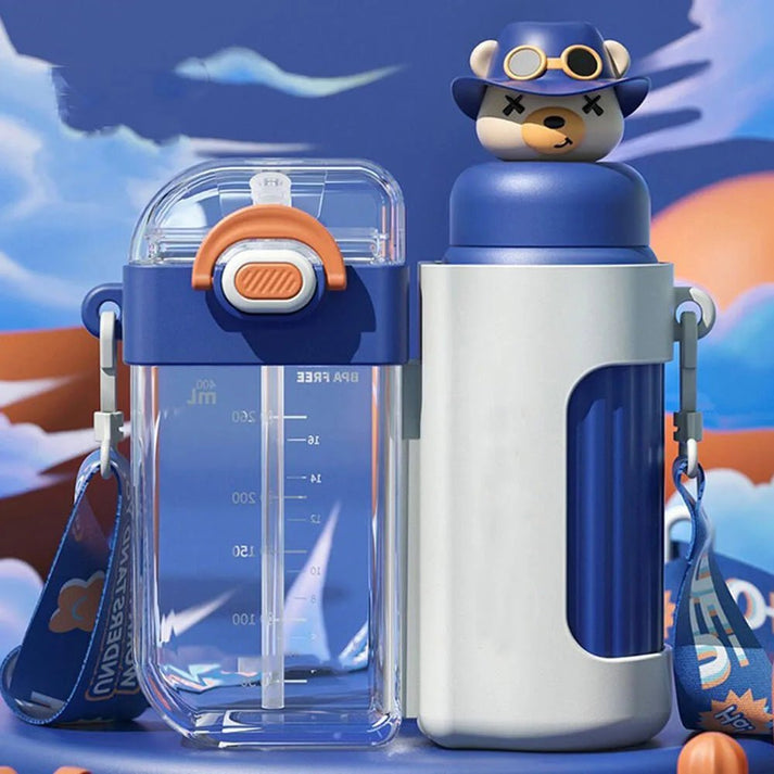 Little Surprise box Double Tumbler Blue bear detachable set water bottle,400 ML & 320 ML for Kids and Adults