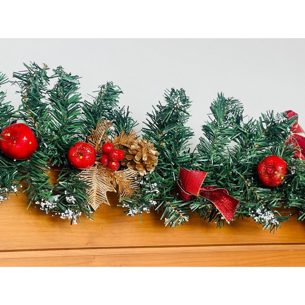 Gold & Red themed Bushy christmas Garland with Pinecones, Cherries and fillers, 6.5 feet