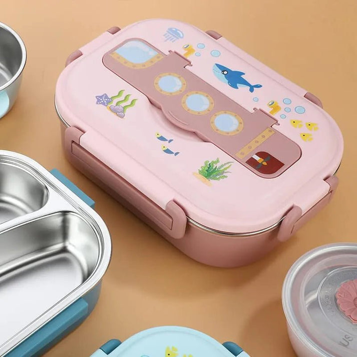 Little Surprise Box Pink Submarine Theme Compartment Steel Tiffin Lunch Box for Boys and Girls