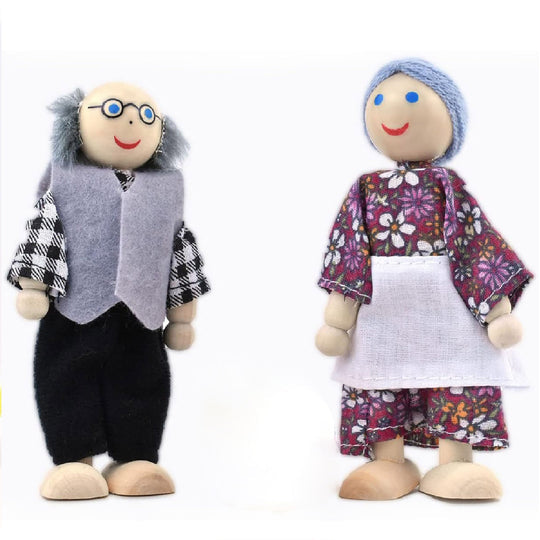 Playbox Wooden Pop's Family | 6pcs Wooden Dolls Pretend Play Set Dolls Family for Children Kids Figure Toy Mini House Gift